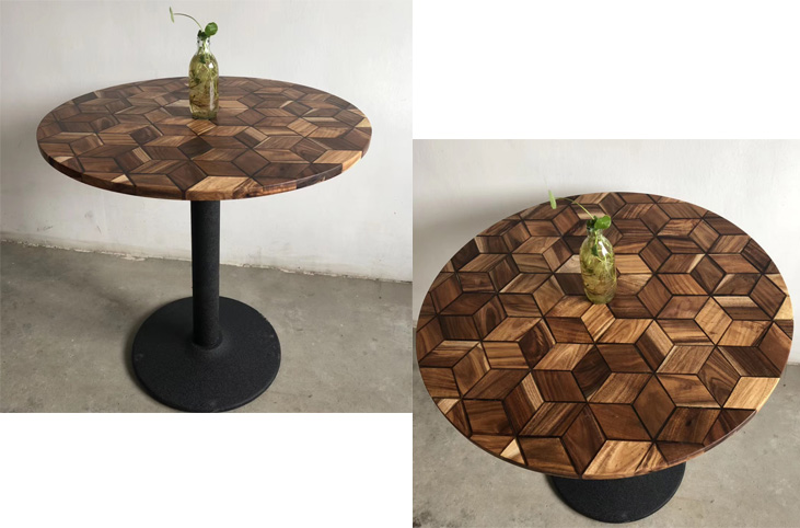 Customized dining table wood round / rustic style parquet wood table round with metal leg