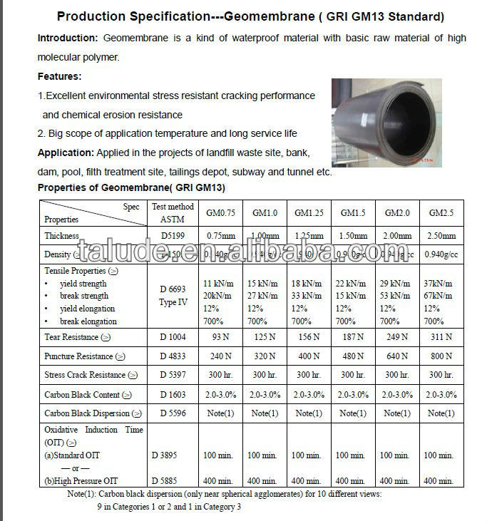 HDPE geomembrane liner with thickness 0.2mm to 3mm