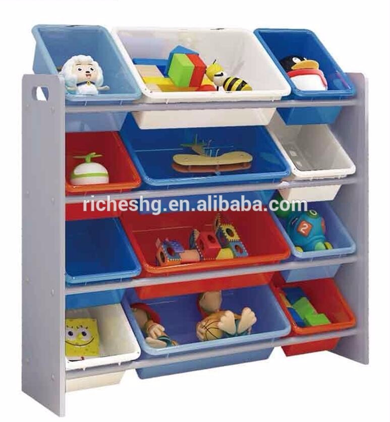 Baby kids playroom 4 tier MDF wooden toy organizer with bins