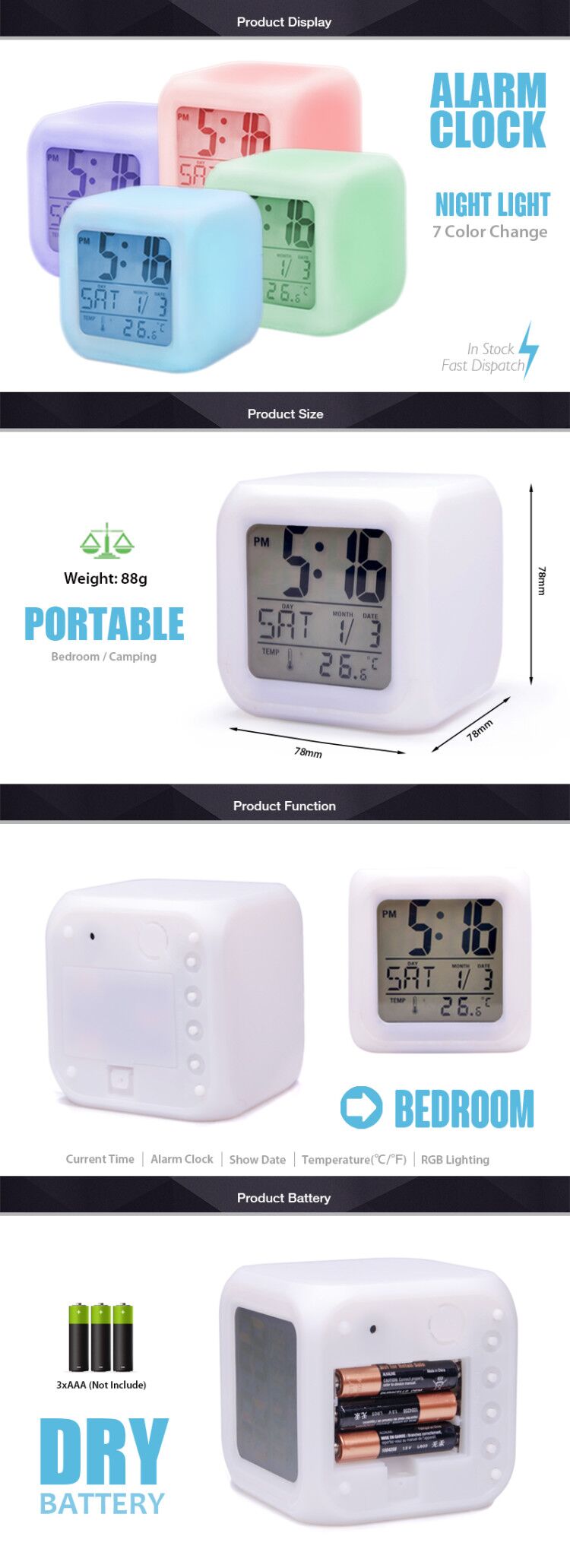 Promotion Gifts HIP 3AAA Battery 7 LED Change Colors Nightlight Time Data Week Thermometer Square LCD Digital Snooze Alarm Clock