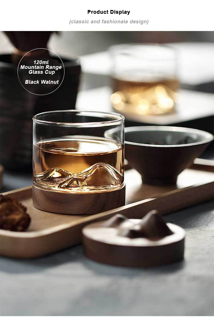 Creative 120ml Functional Small Glass Drinking Cup With Black Walnut Beech Wooden Tray For Beverage