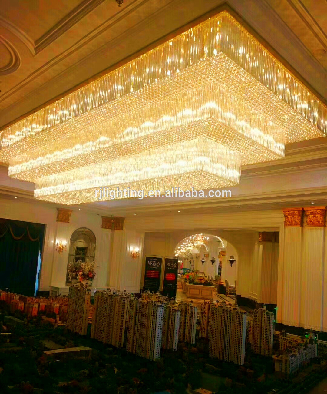 Luxury Large flush mount banquet lobby ceiling Lighting modern Hotel large rectangular crystal chandelier