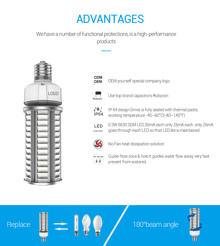 Bollard led corn light bulb Dark Sky 45W Aluminum 110 lumens/W 5000k E39 Replacement HID / HPS 175w products Use in garden