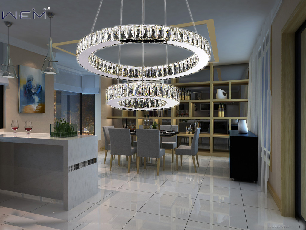 Hot Sale LED Pendant Light Crystal Two Round Rings Hotel Clear Crystal Hanging  Lighting Chandelier Light