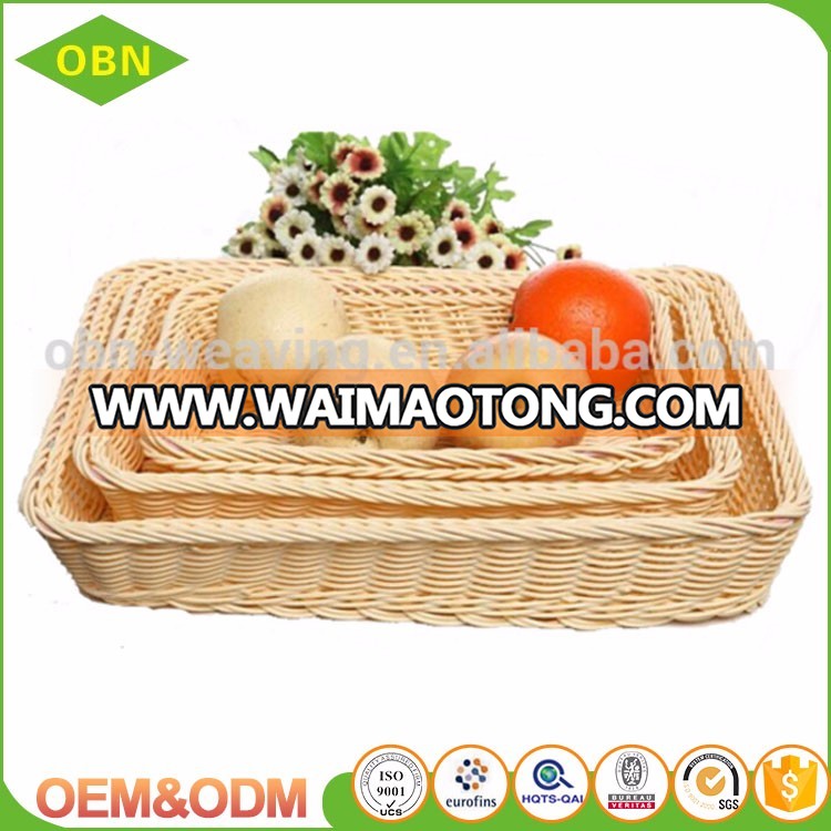 Customized food storage hand woven empty plastic poly rattan bread fruit vegetable display basket