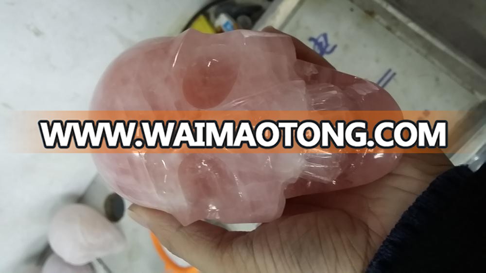 Hand Carved Natural Pink Stone Skull Quartz Crystal Skull For Healing