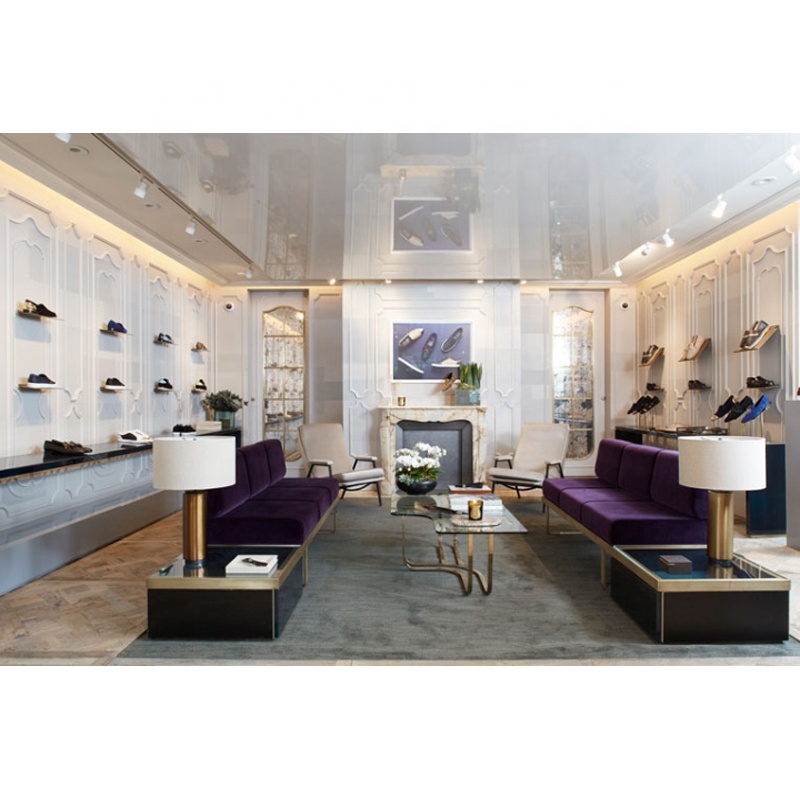 Metallic wall mounted casual shoe display shopping mall shoes interior decoration