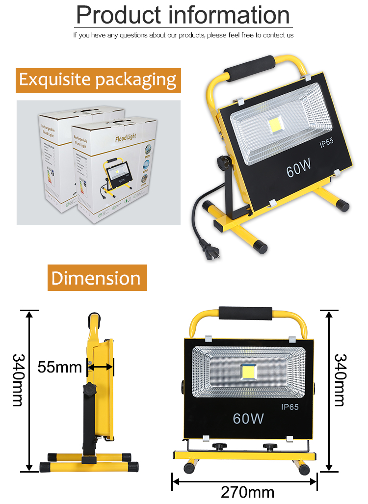 High quality IP65 waterproof outdoor cob 60watt rechargeable led flood light