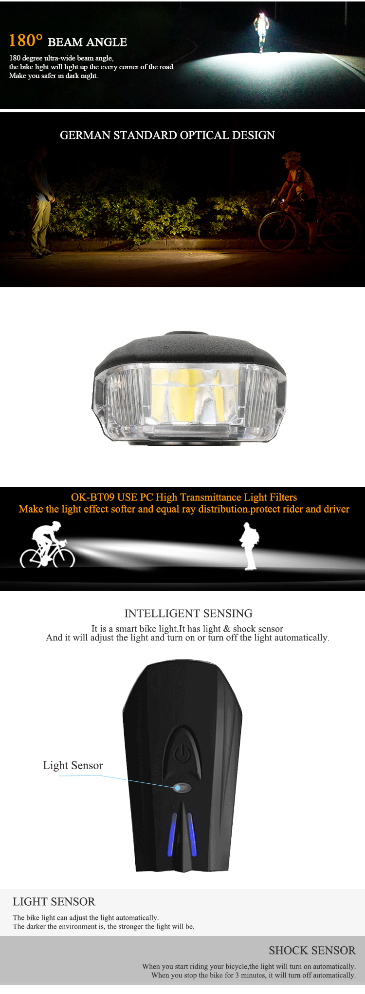 Wholesale German Standard Intelligent Sensing LED Front Rechargeable USB Bicycle Light