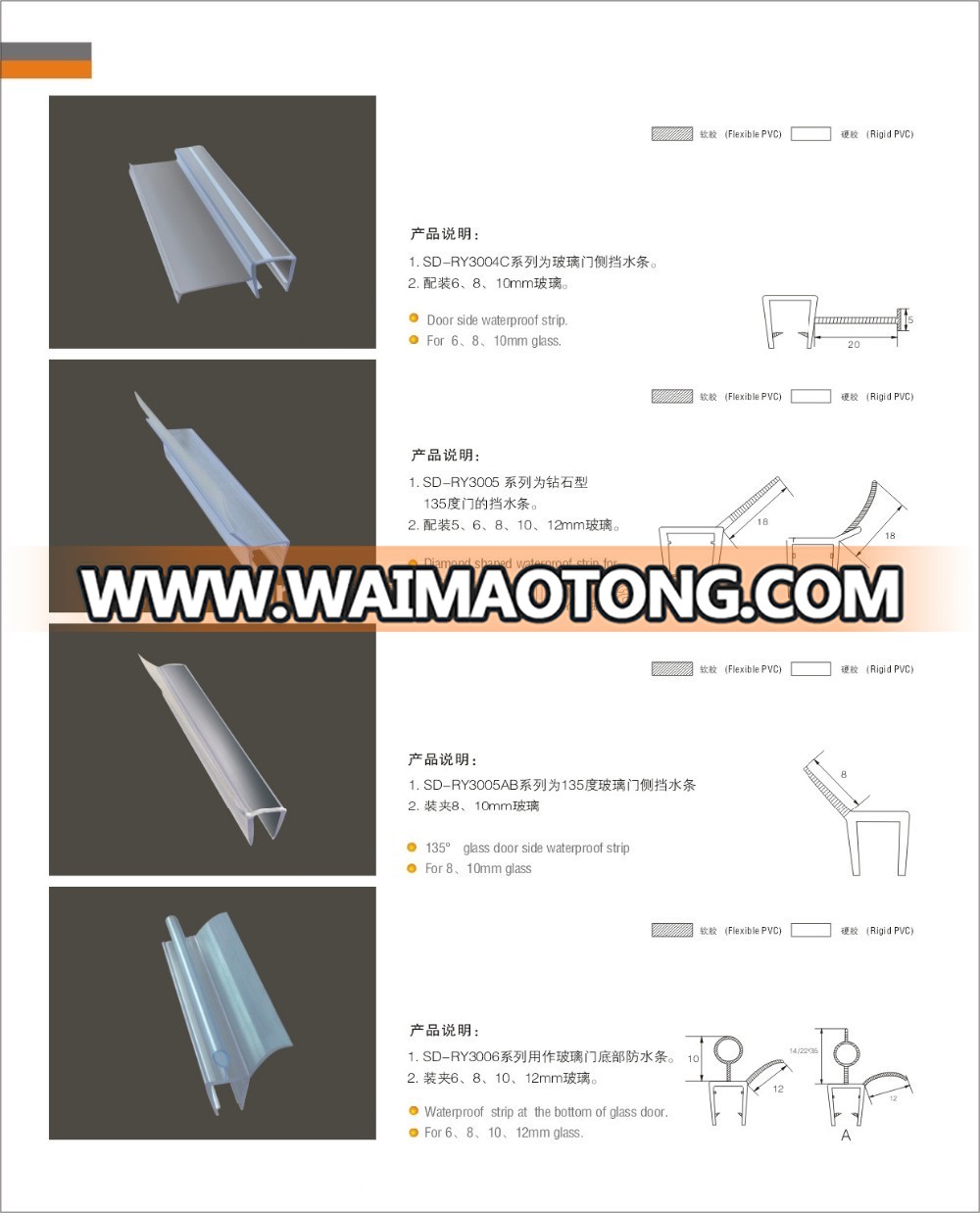 PVC magnetic shower door seal strip for 180 degree malposition glass doors