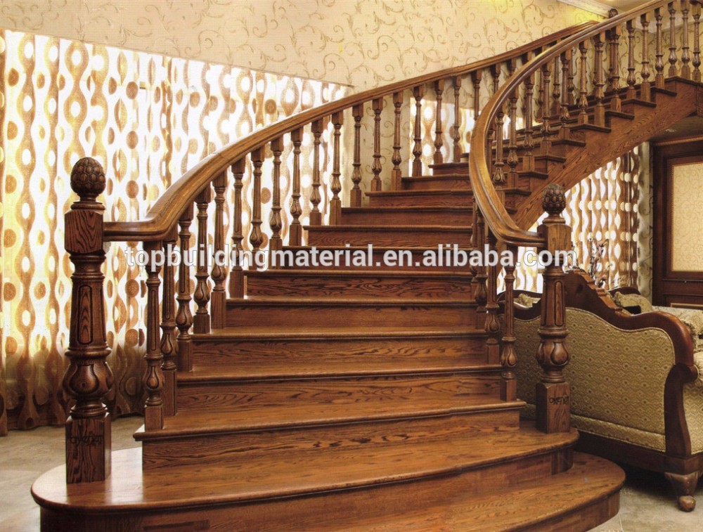 Custom Indoor stairs curved solid red oak wood stair railing