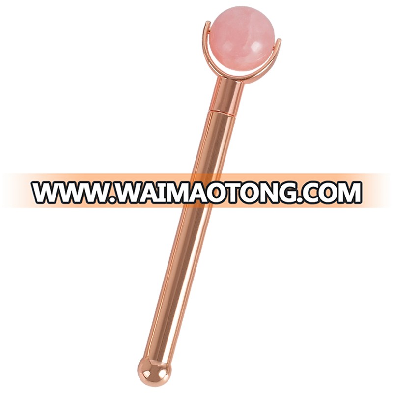 2019 amazon Newest Jade Roller, Gemstone Rose quartz facial roller with chocolate baking finish handle