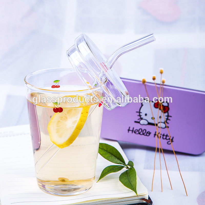 Borosilicate Glass Cup with Glass Lid& Glass Drinking Straw