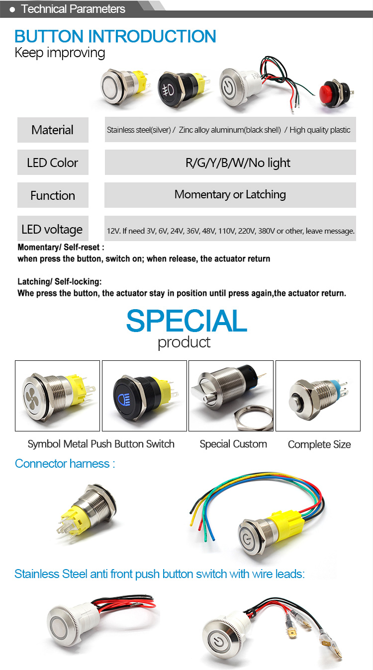 Filn PBS-11A PBS-11B red green 12mm plastic ON OFF latching  off-(on) Momentary push button switch 2pin 1A 250V