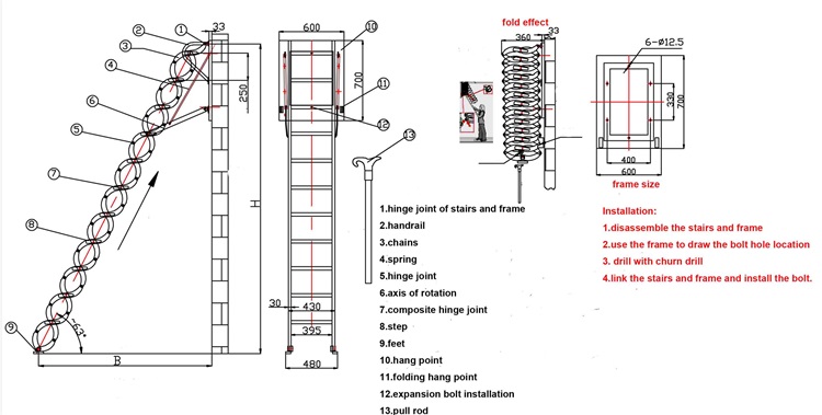 Carbon Steel Wall Mounted Widened Attic Ladder