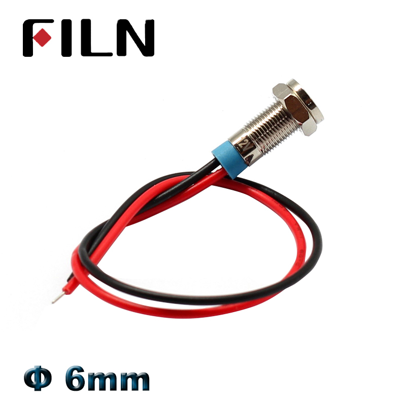 FILN 6mm 220v 12v 24v red yellow blue green lamp indicator signal light metal pilot lamp with cable 20cm