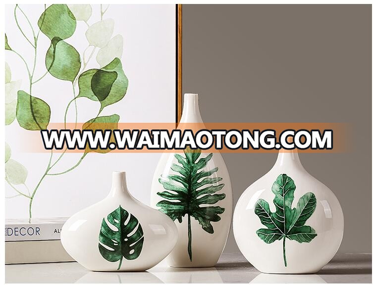 2017 trending green leaf painting factory newly designed ceramic vase wholesale