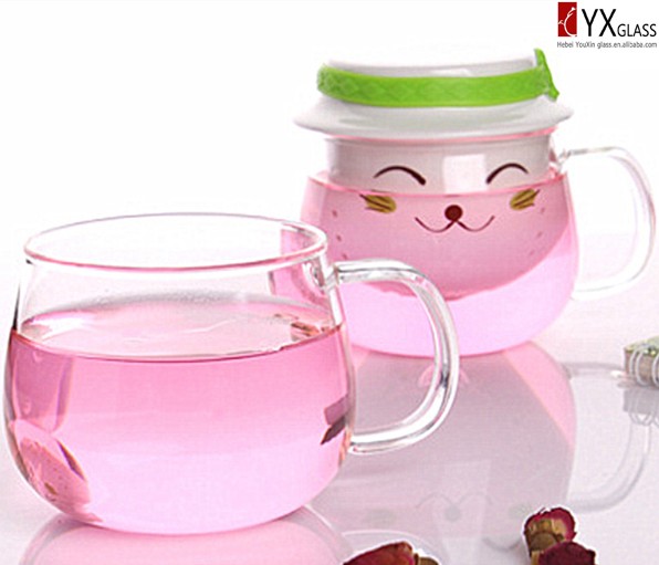 New style heat resistant cute glass tea mug set with ceramic filer