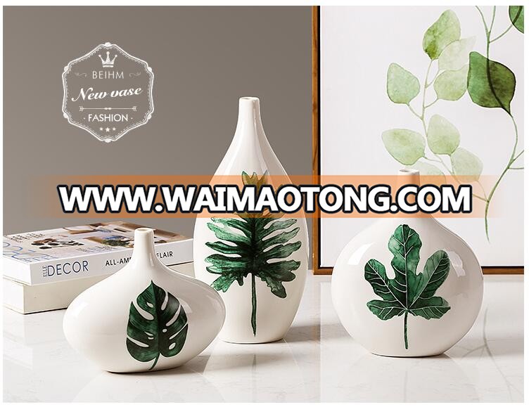 2017 trending green leaf painting factory newly designed ceramic vase wholesale