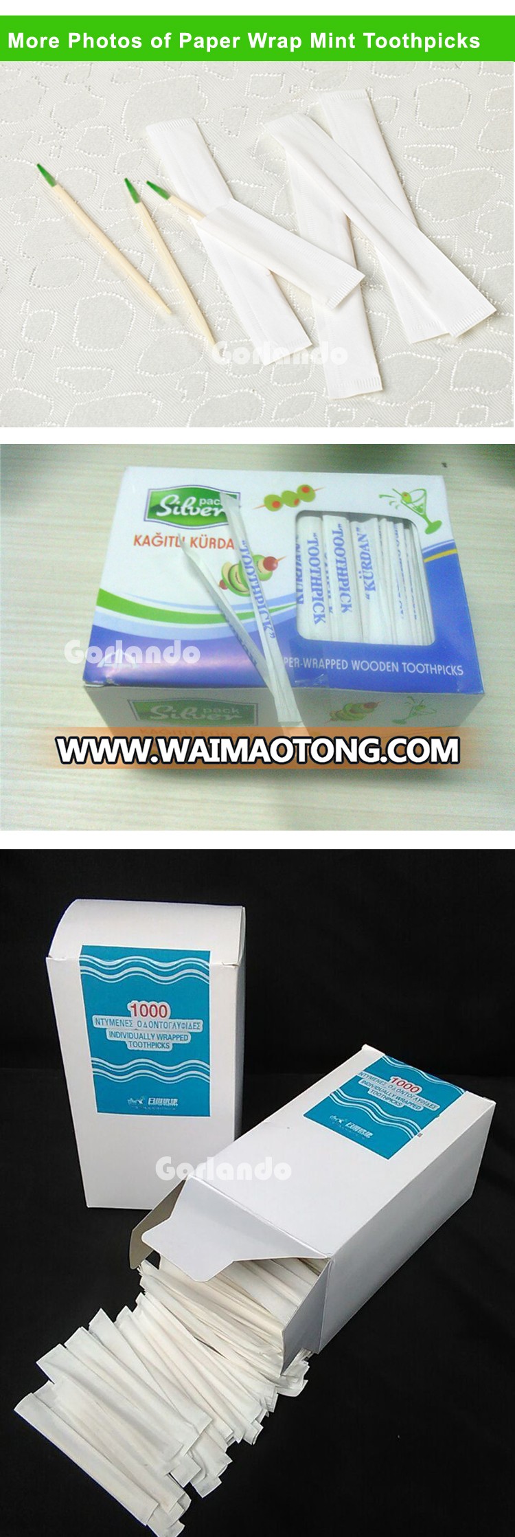 individual Wood Mint flavored paper wrap toothpicks