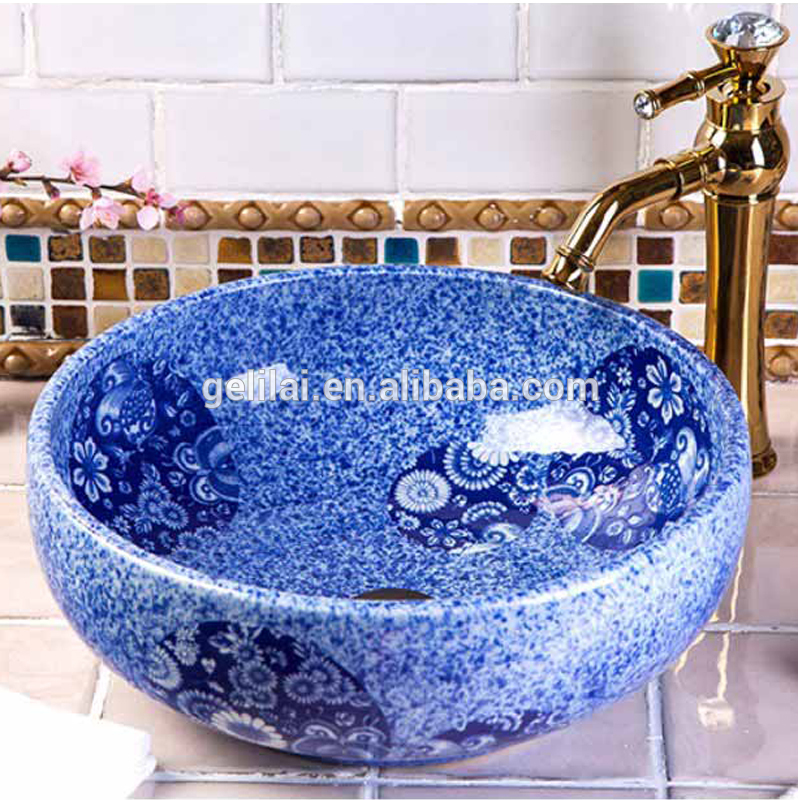 Blue color hand painting ceramic round counter basin price