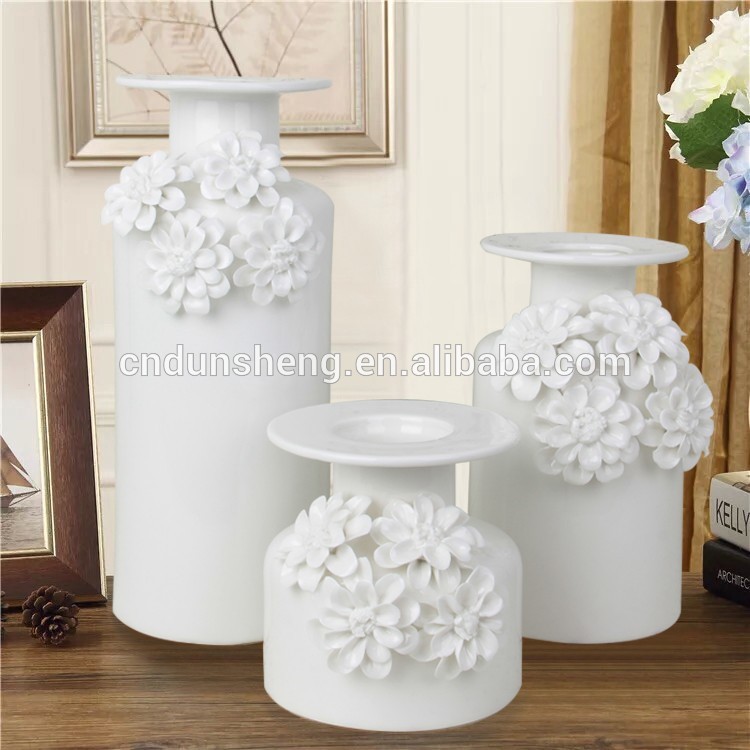 European Modern Home Decorative White Glaze Flower Ceramic Vase, Set of 3