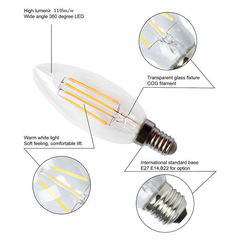 Factory Price 2W 4W E12 E14 E27 Led Candle Light Bulb C35