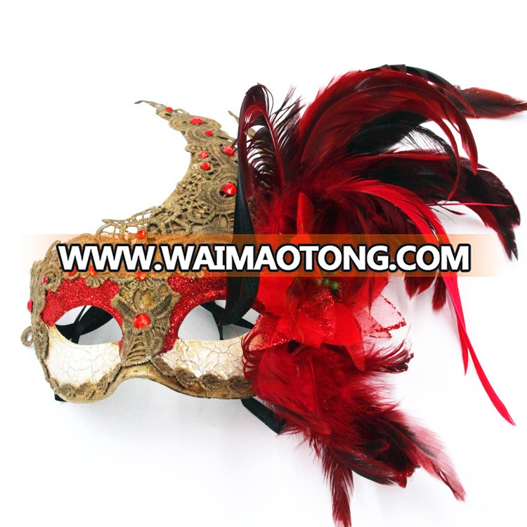 PoeticExst women's half-face multiple colour lace diamond venetian masquerade masks side flower and feather mask