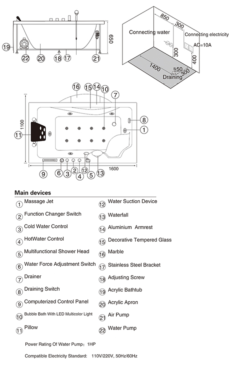 1 person bathroom whirlpool massage bathtub