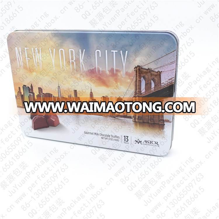 Flat rectangular empty metal choclate tin box with vac PET tray