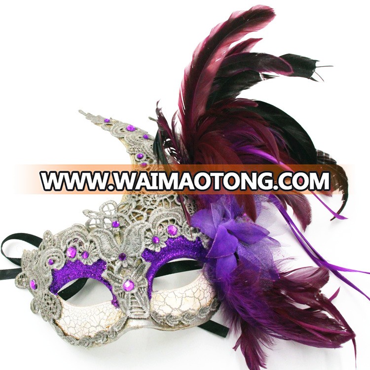 PoeticExst women's half-face multiple colour lace diamond venetian masquerade masks side flower and feather mask