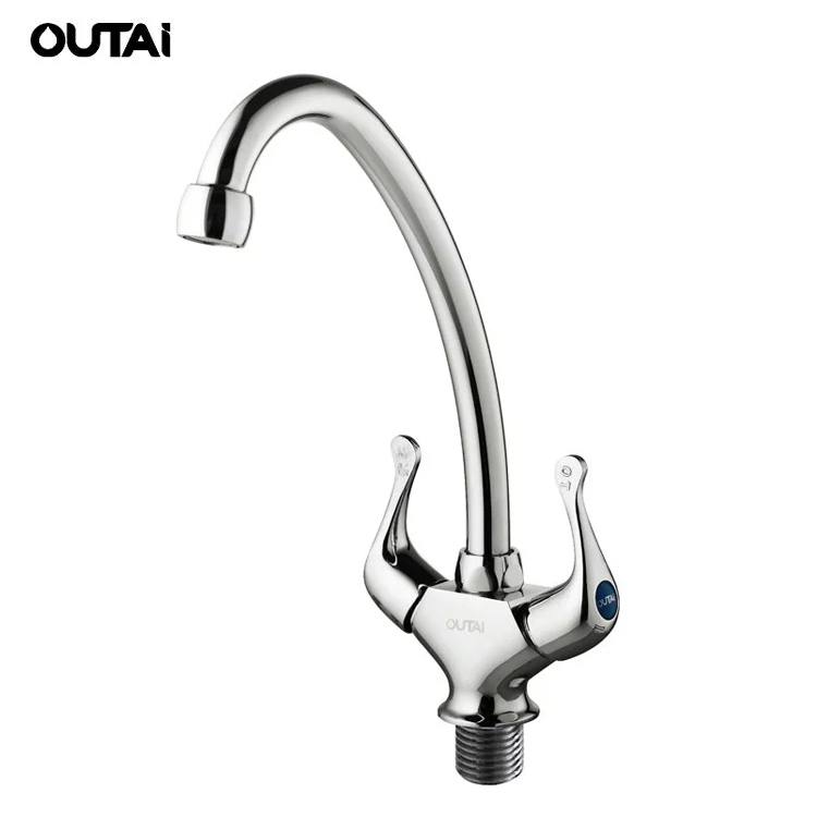 brass body dual handle gooseneck kitchen sink water tap