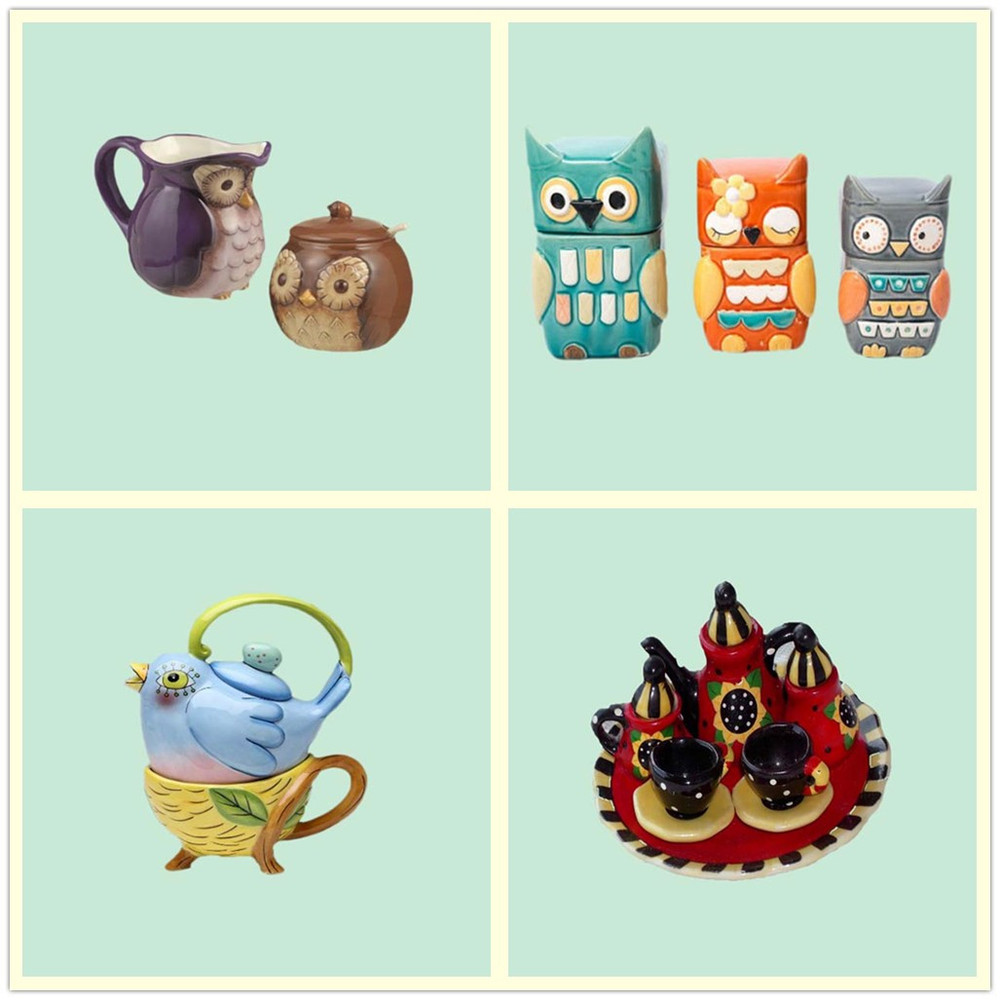 cute owl shaped funny colorful ceramic tea pot set