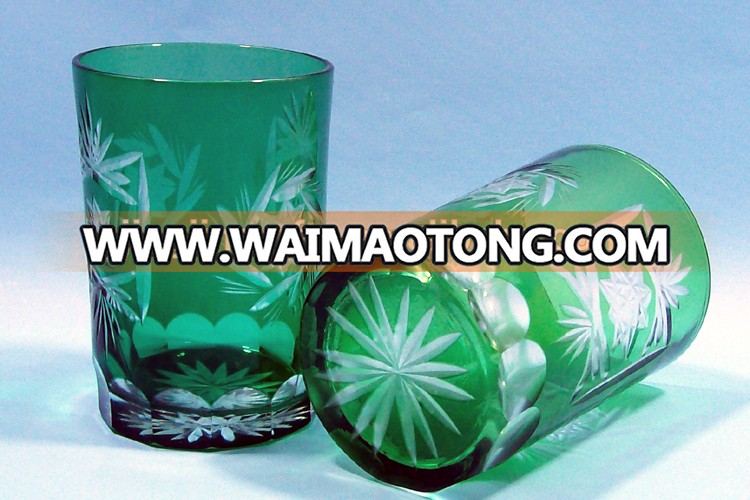 Hand engraved overlay green drinking glass cups