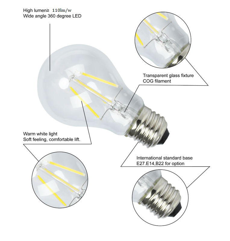 Clear glass Ceramic filament materials e27 6500k 440lm 4w a60 wifi led bulb for the indoor lighting