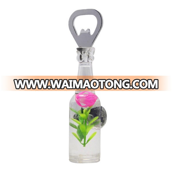 Acrylic Plastic Bottle Shape With Magnet Liquid Water Grass Flower Inside Fridge Magnet Beer Bottle Opener