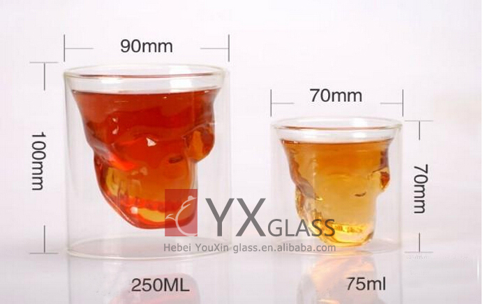 250ml creative and stylish skull shape double wall glass beer cups