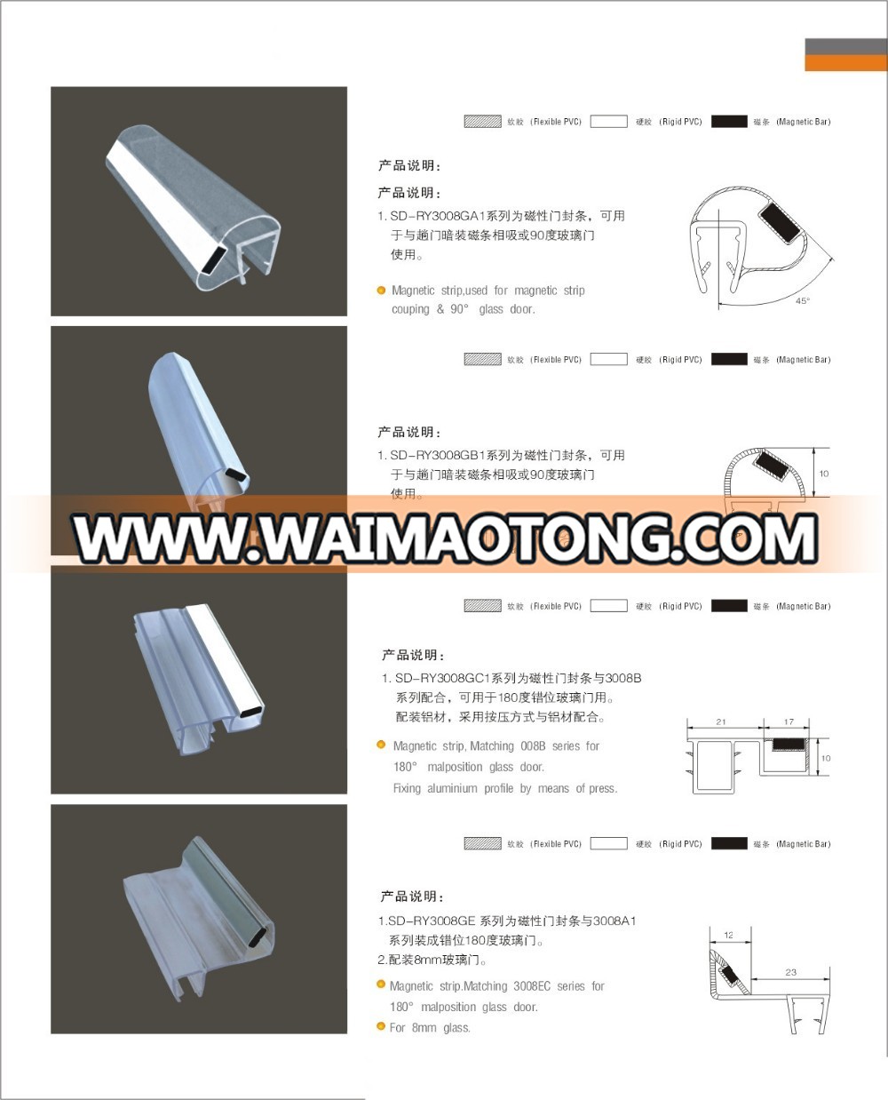 Magnetic shower door seal strip for couping 90 degree glass doors