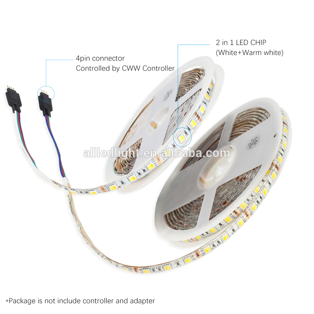 CCT LED strip 5050 2 in 1 White + Warm white 60LEDs/m,5M 12V 5050 LED Strip Light Color Temperature adjustable CWW Strip Light