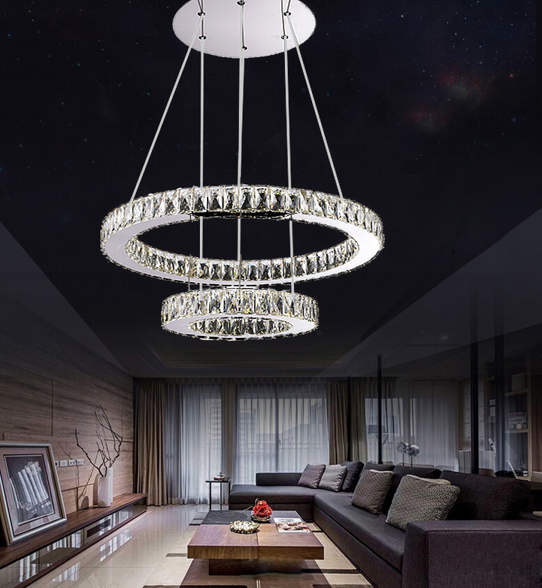 Hot Sale LED Pendant Light Crystal Two Round Rings Hotel Clear Crystal Hanging  Lighting Chandelier Light