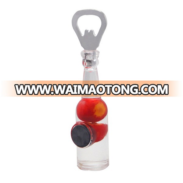 Acrylic Plastic Bottle Shape With Magnet Liquid Oil Two Red Apple Inside Fridge Magnet Beer Bottle Opener