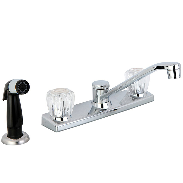 Deck Mount Brass Chrome Finish Two Plastic Handle Kitchen Faucet F8212 With Spray