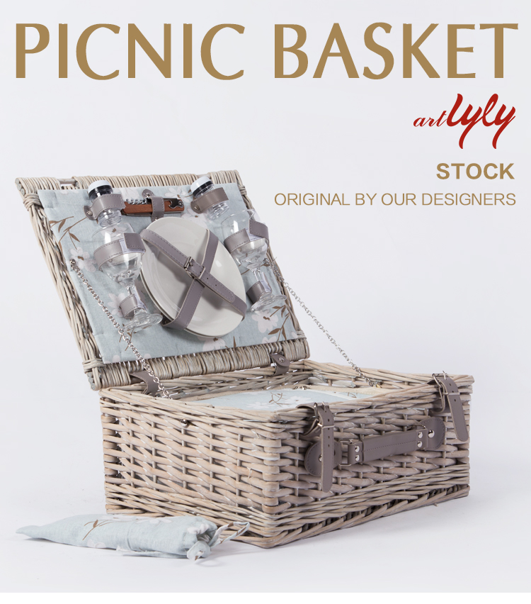 Woven insulated cooler heat food fruit fresh handles lid light grey white willow wicker rattan storage picnic basket for kids