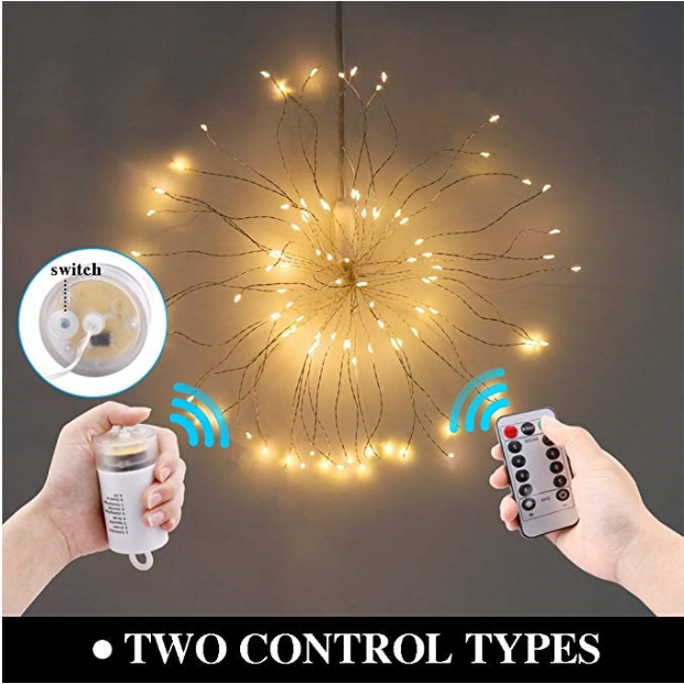 Hanging Starburst Fairy Light, Lemebo 8 Modes Dimmable with Remote Control, Battery Operated firework Lights , Waterproof