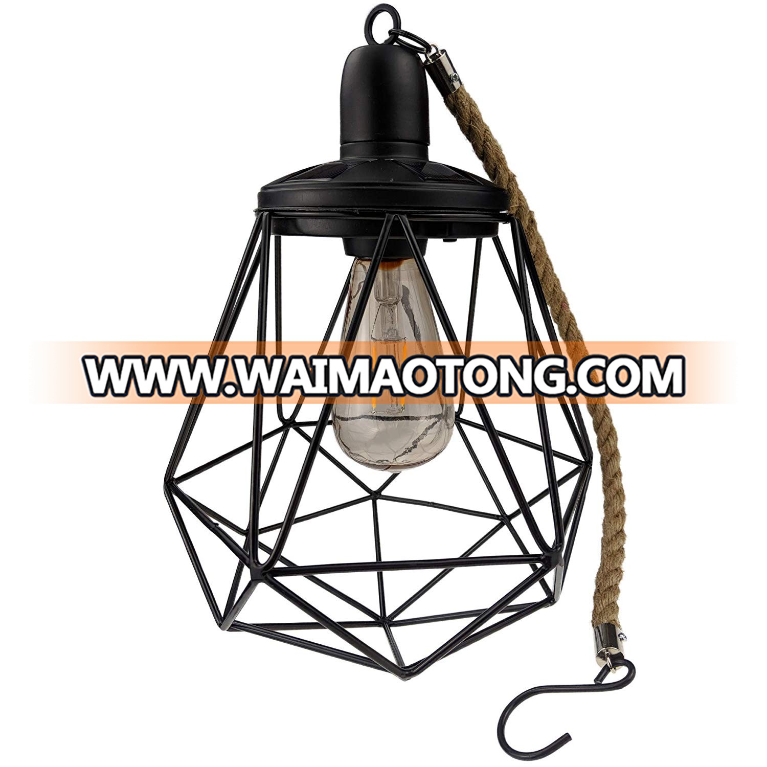 Outdoor rope hanging  waterproof solar metal lantern with led  bulb