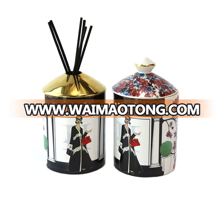 Luxury decorative reed diffuser in ceramic jar with stickers