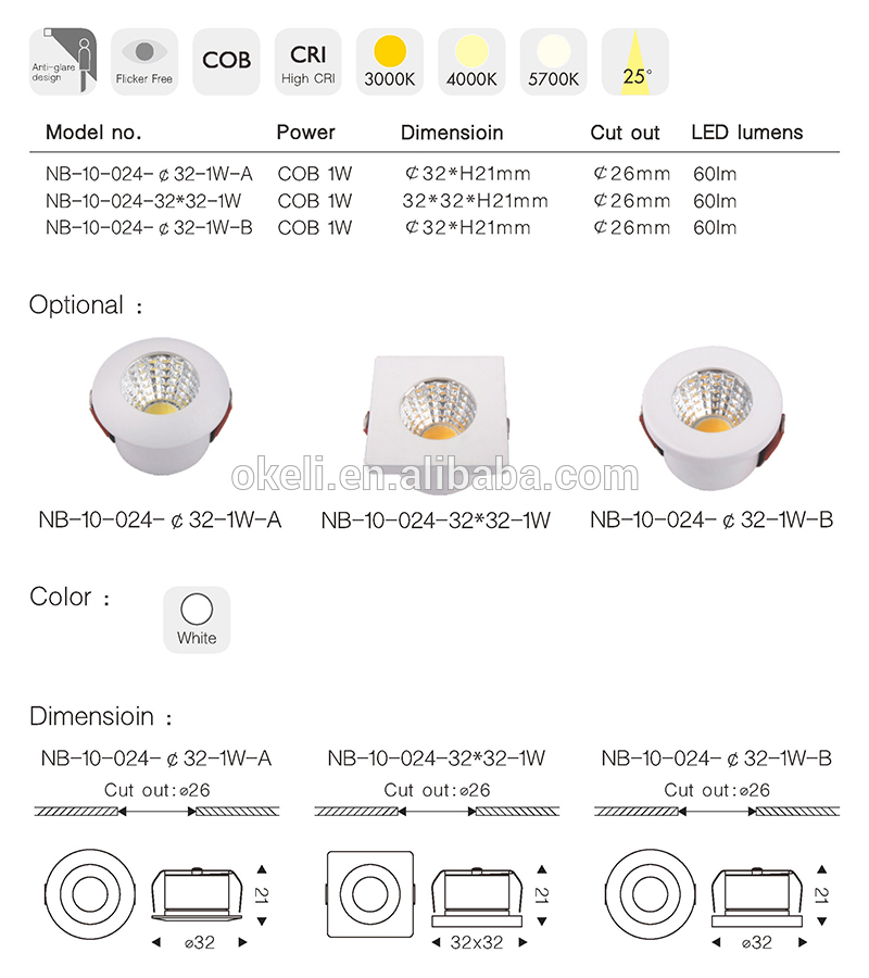 USD0.68/pcs Promotion Mini 1W LED Down lights India Pure Aluminum Square COB Recessed Ceiling Down lights for Commercial Office