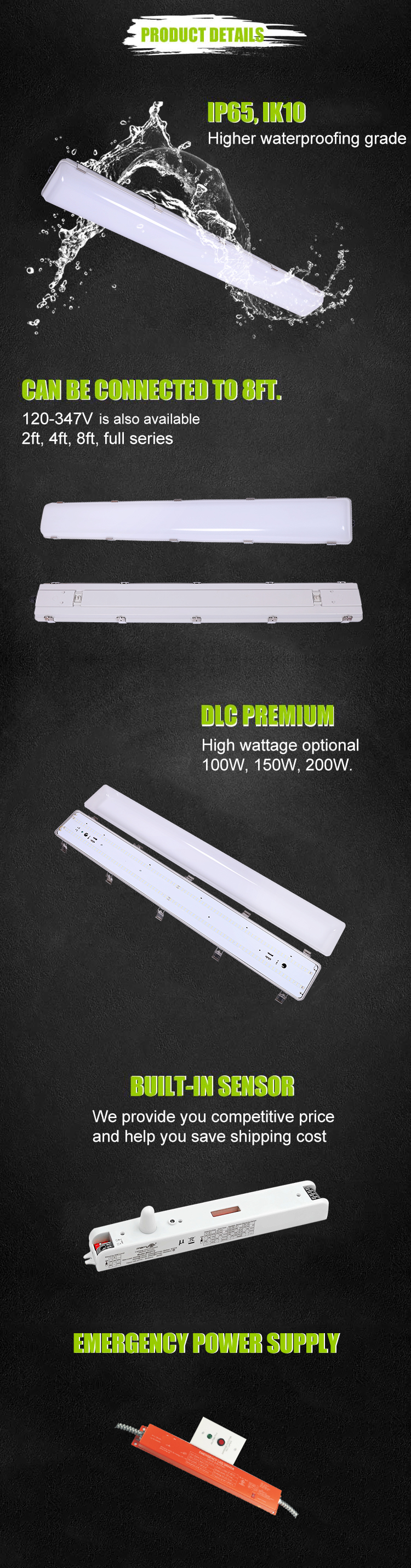 High Quality 347V 4' LED IP65 Waterproof Dustproof Vapor Tight Fixture