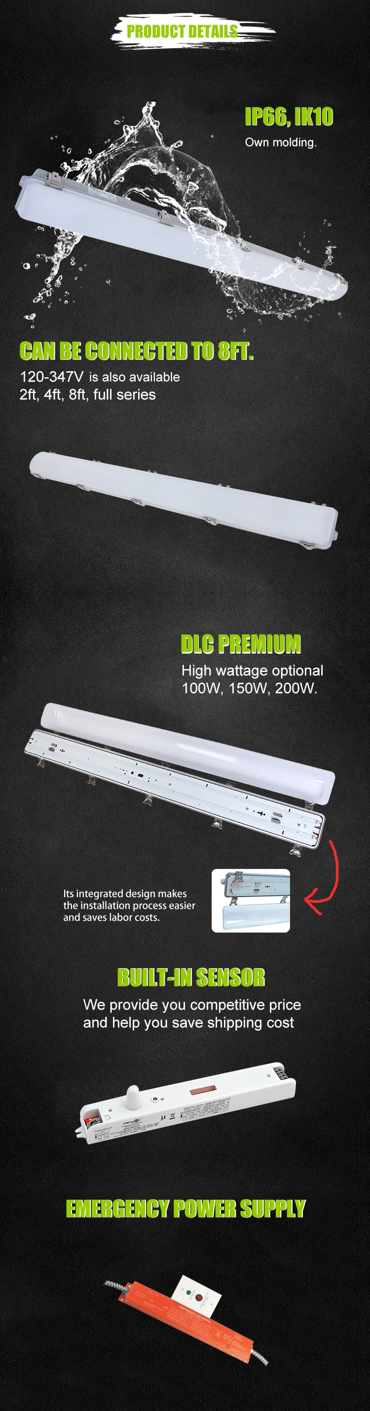 1200mm Vapor Tight Linear Lighting Fixture IP66 Tri-proof 32W 36W 42W 46W 65W LED Light