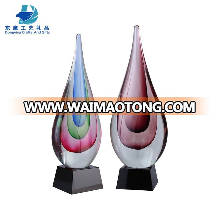 Creative cheap water drop shape art glass awards and trophies with engraved logo